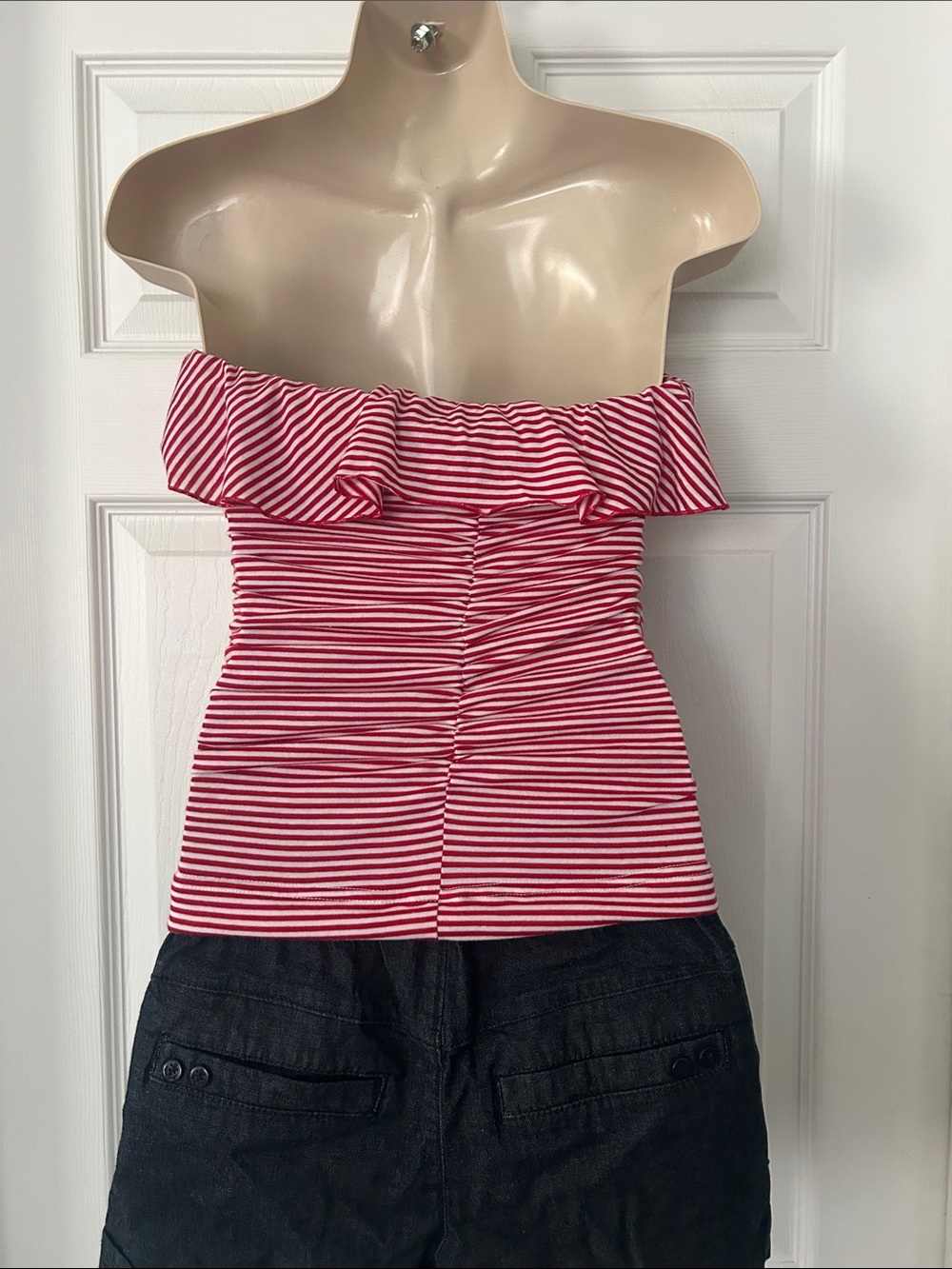 Striped Off-Shoulder Ruffle Romper - Red White & Blue - Picture 2 of 2